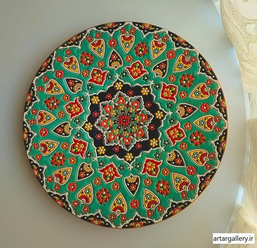 بشقاب میناکاری سبز فیروزه ای